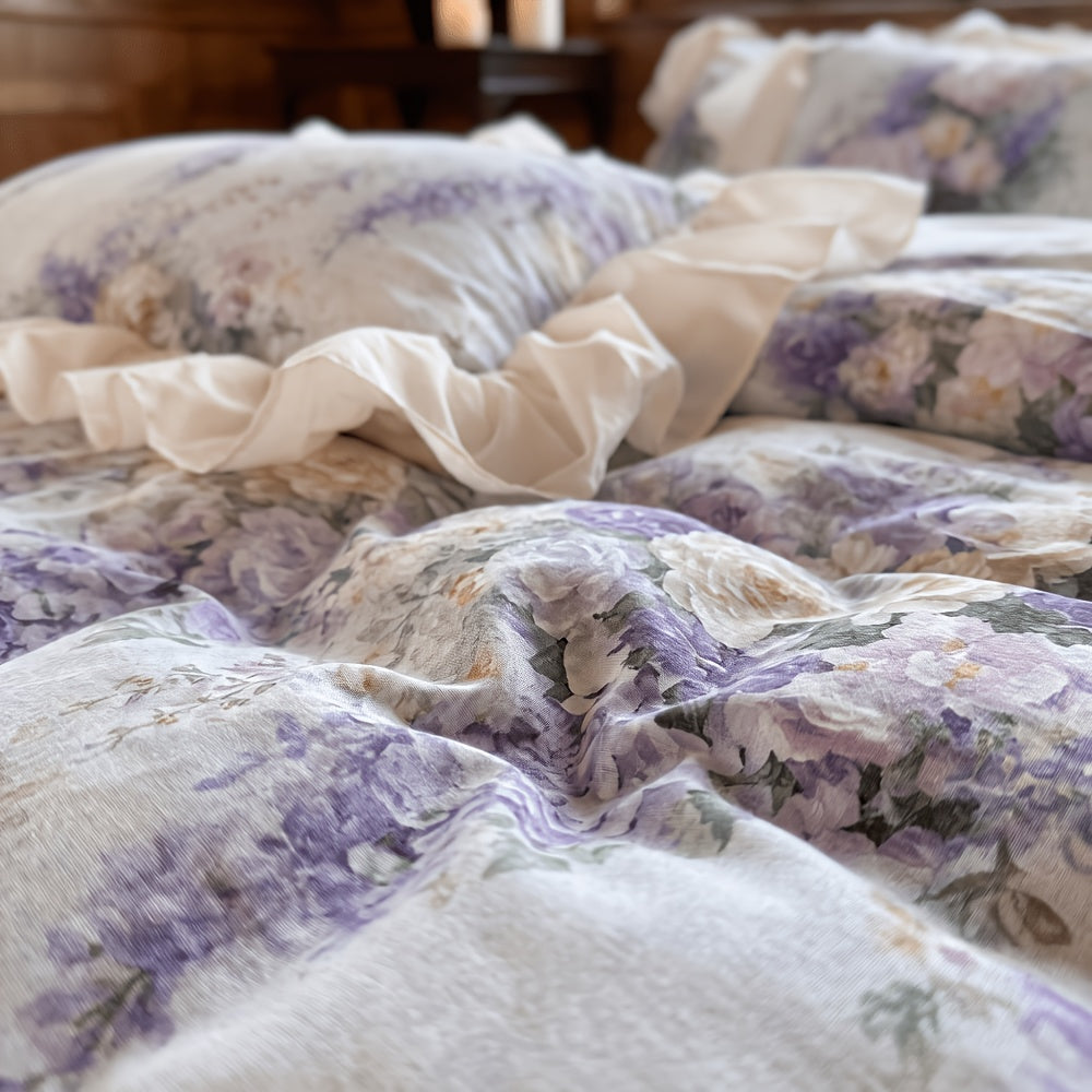 Lavanda cotton duvet cover set with lavender rose print and ruffled border