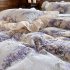 Lavanda cotton duvet cover set with lavender rose print and ruffled border