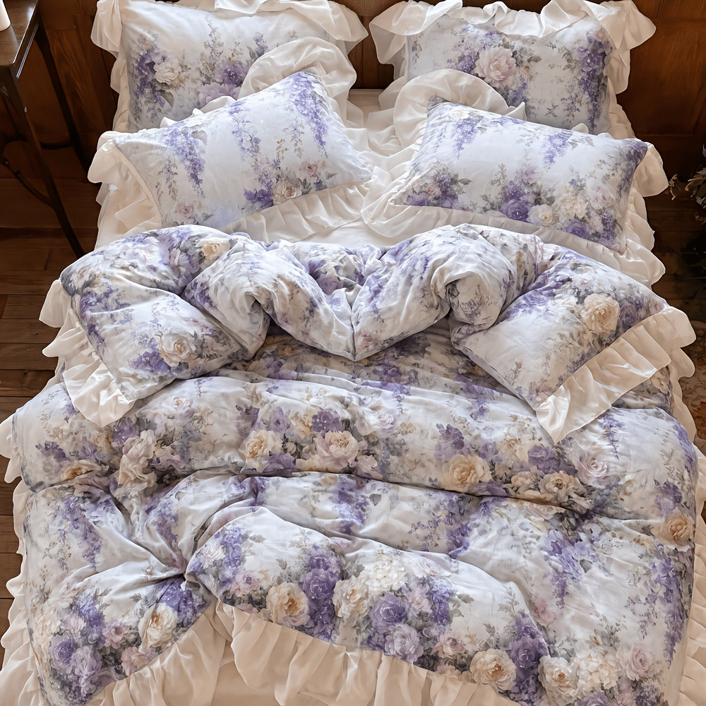 Lavanda cotton duvet cover set with lavender rose print and ruffled border