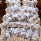 Lavanda cotton duvet cover set with lavender rose print and ruffled border