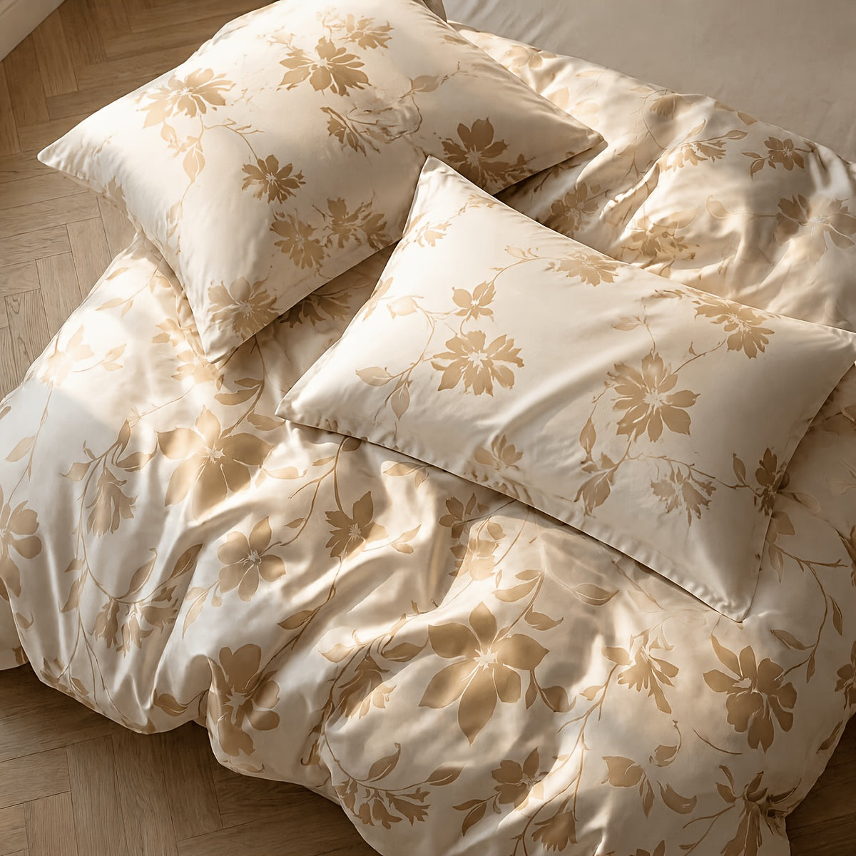 Aurelia champagne duvet cover set with golden floral jacquard