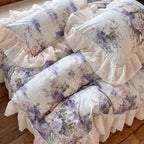 Lavanda cotton duvet cover set with lavender rose print and ruffled border