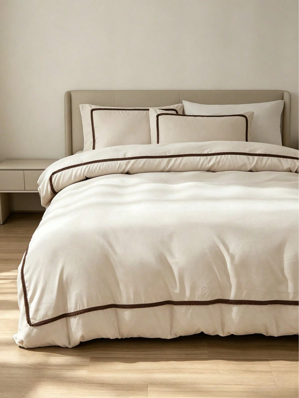 Livia Beige Duvet Cover Set with brown pom-pom trim