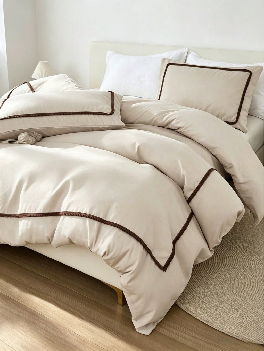 Livia Beige Duvet Cover Set with brown pom-pom trim