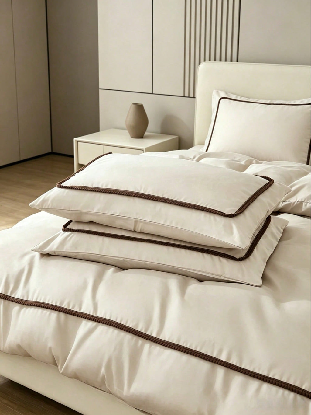 Livia Beige Duvet Cover Set with brown pom-pom trim
