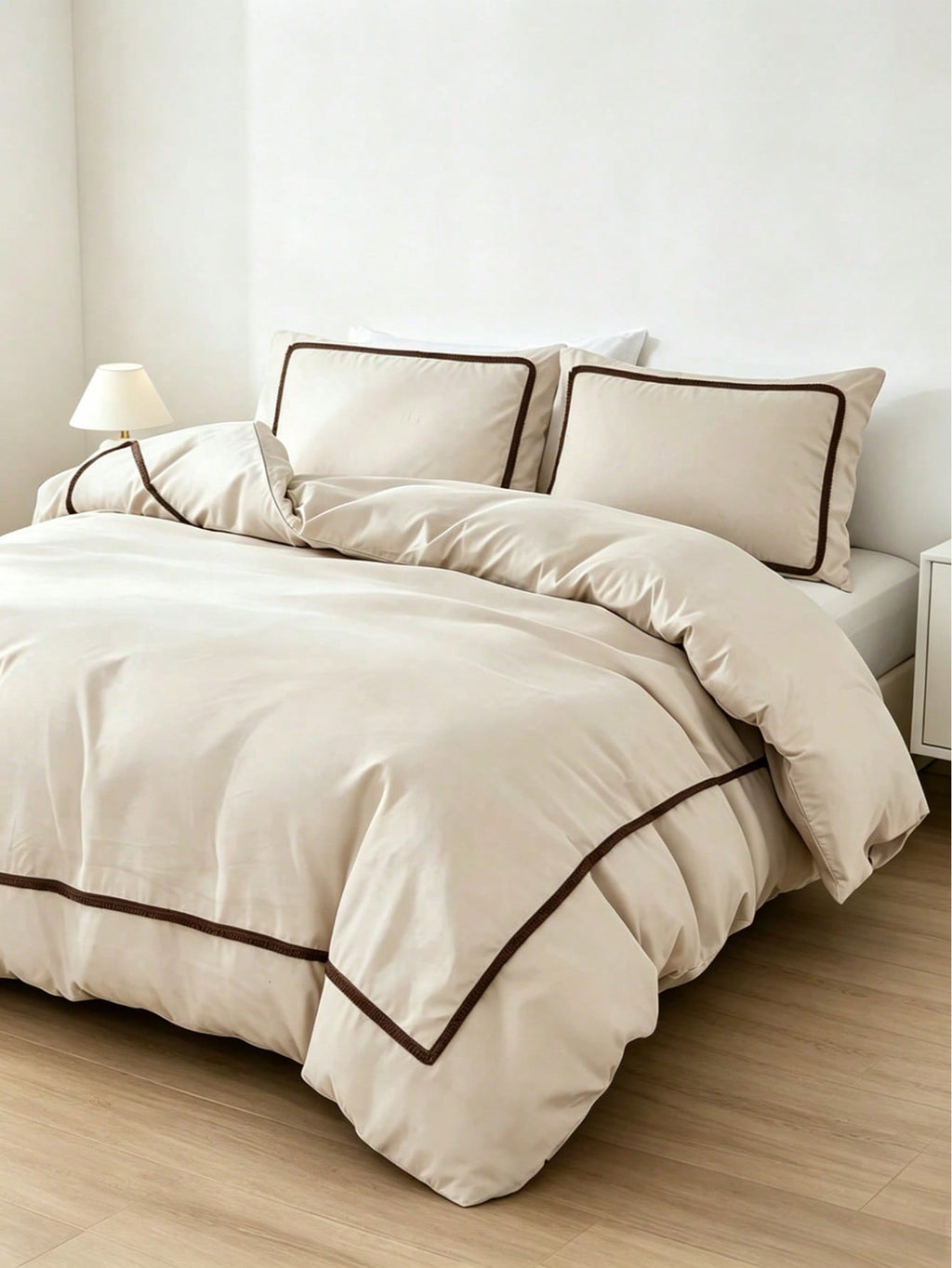 Livia Beige Duvet Cover Set with brown pom-pom trim