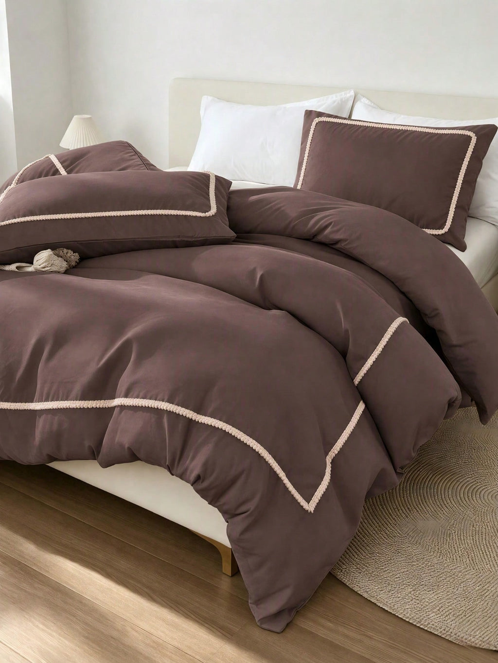 Livia Cacao Duvet Cover Set with cream pom-pom trim