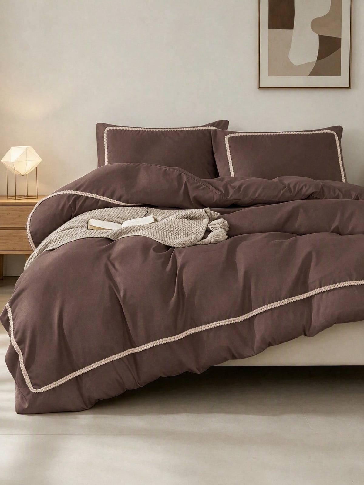 Livia Cacao Duvet Cover Set with cream pom-pom trim