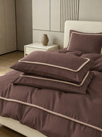 Livia Cacao Duvet Cover Set with cream pom-pom trim