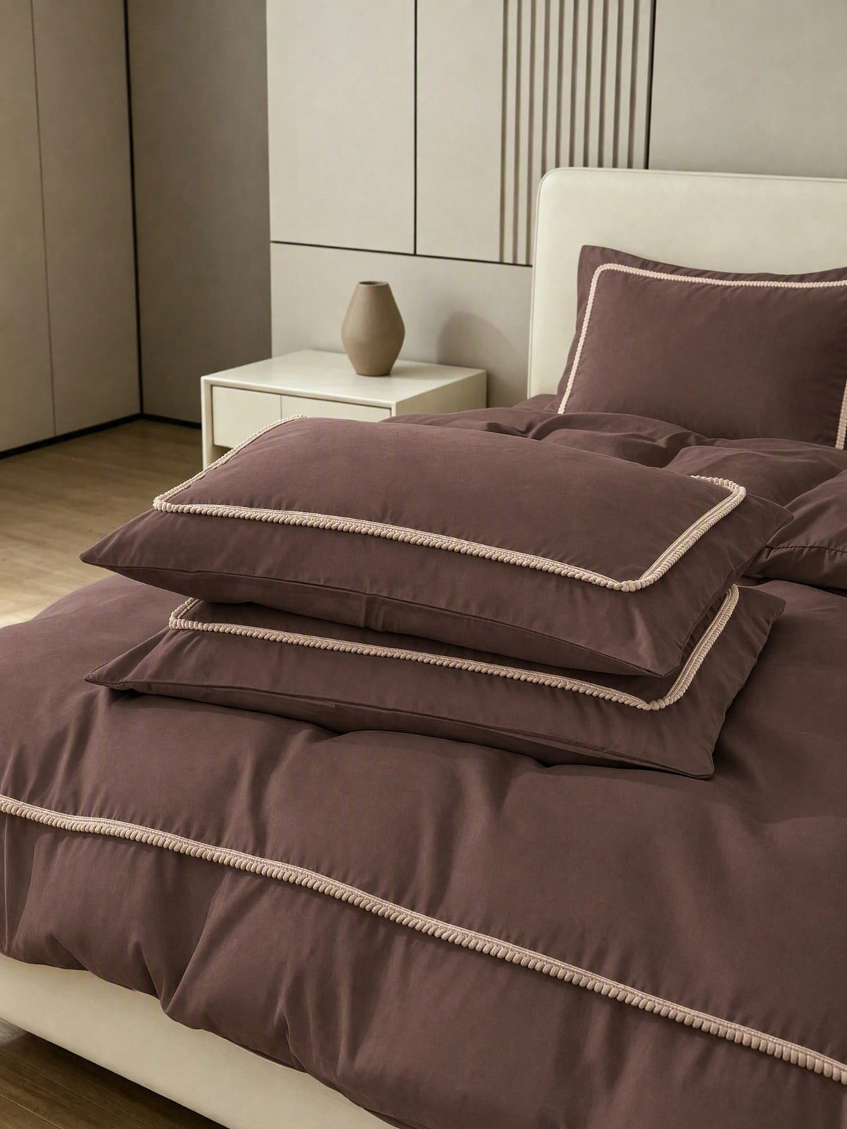 Livia Cacao Duvet Cover Set with cream pom-pom trim