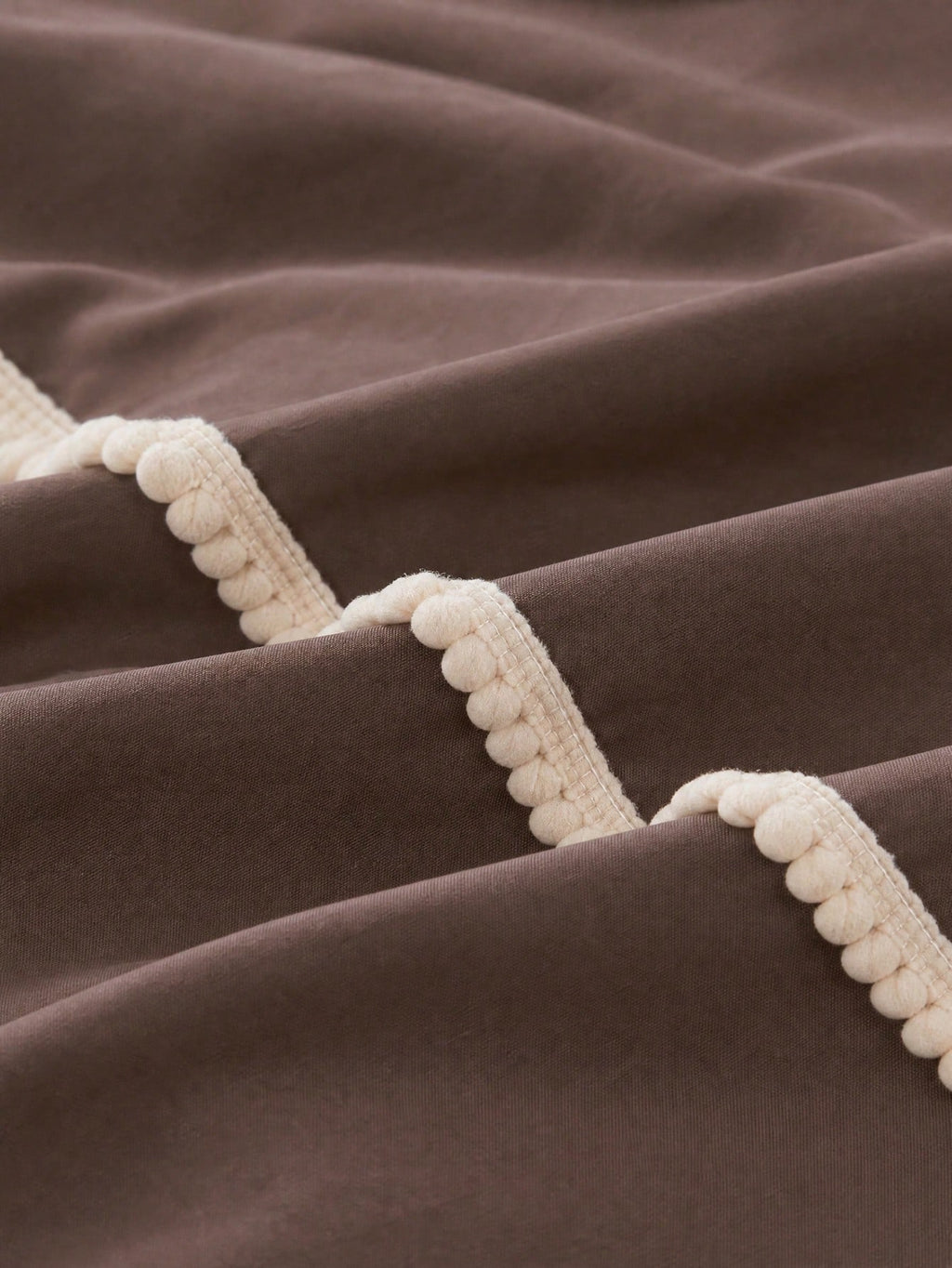 Livia Cacao Duvet Cover Set with cream pom-pom trim