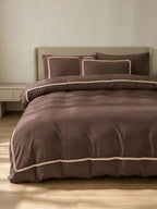 Livia Cacao Duvet Cover Set with cream pom-pom trim