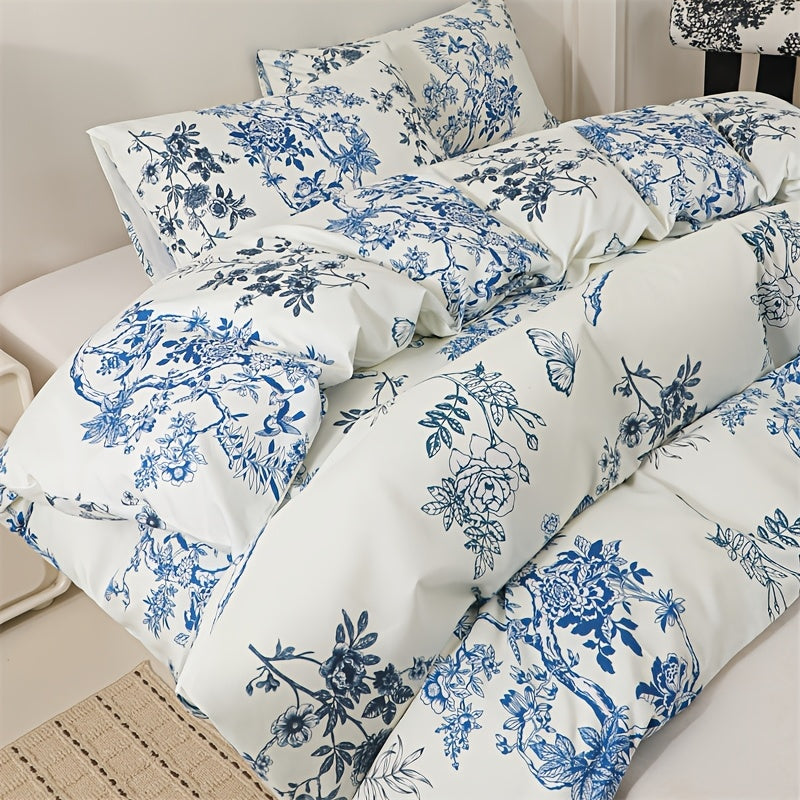 Viola Blue & White Duvet Cover Set with porcelain floral print