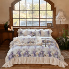 Lavanda cotton duvet cover set with lavender rose print and ruffled border