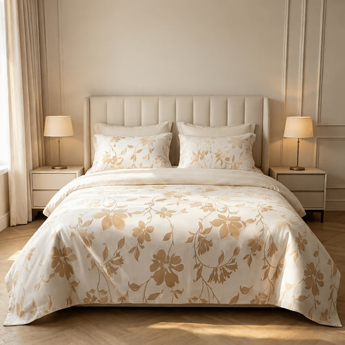 Aurelia champagne duvet cover set with golden floral jacquard