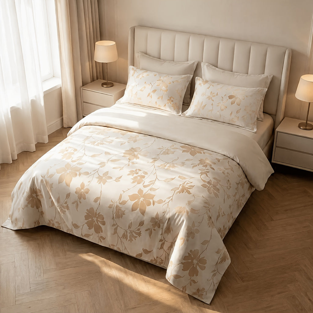 Aurelia champagne duvet cover set with golden floral jacquard