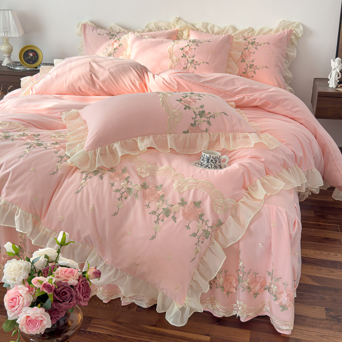 Rosendal Pink Duvet Cover Set (Embroidered)