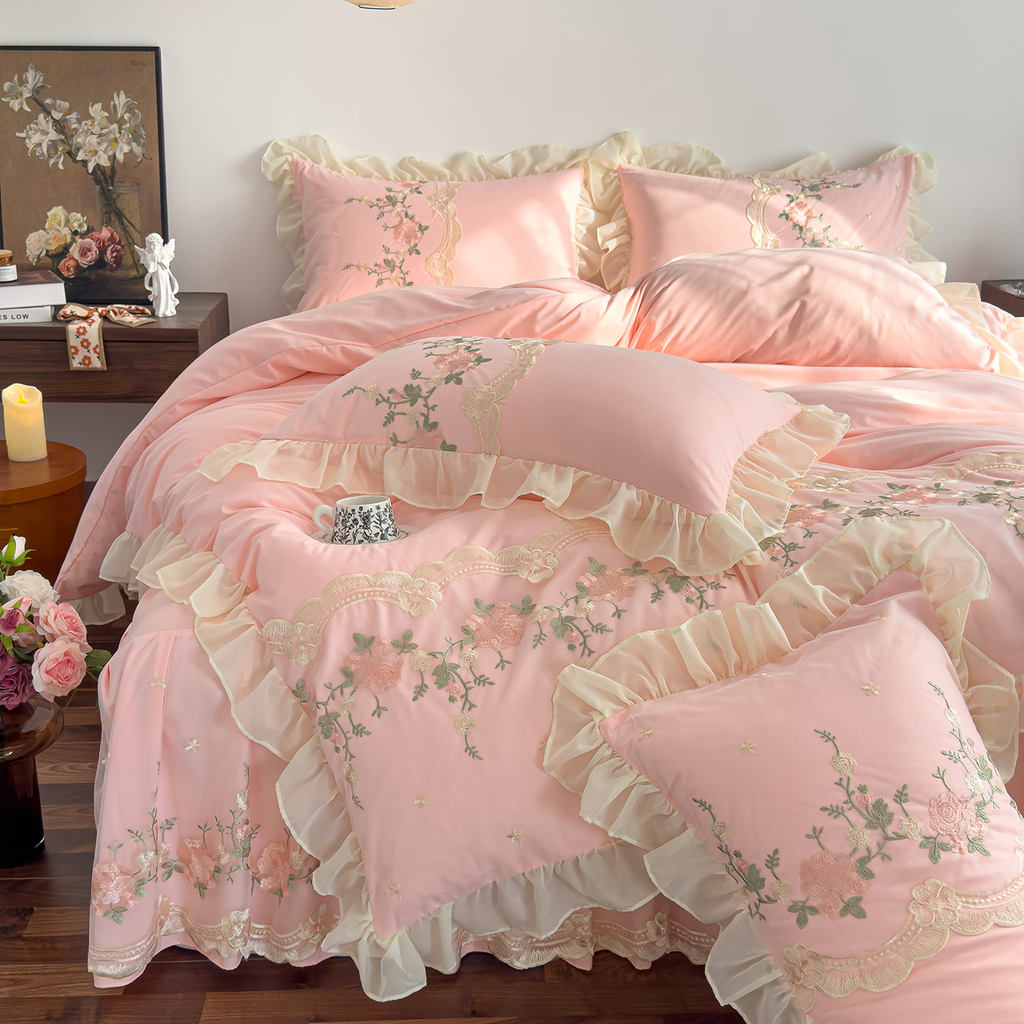 Rosendal Pink Duvet Cover Set (Embroidered)