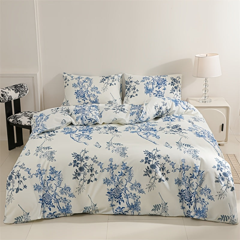 Viola Blue & White Duvet Cover Set with porcelain floral print