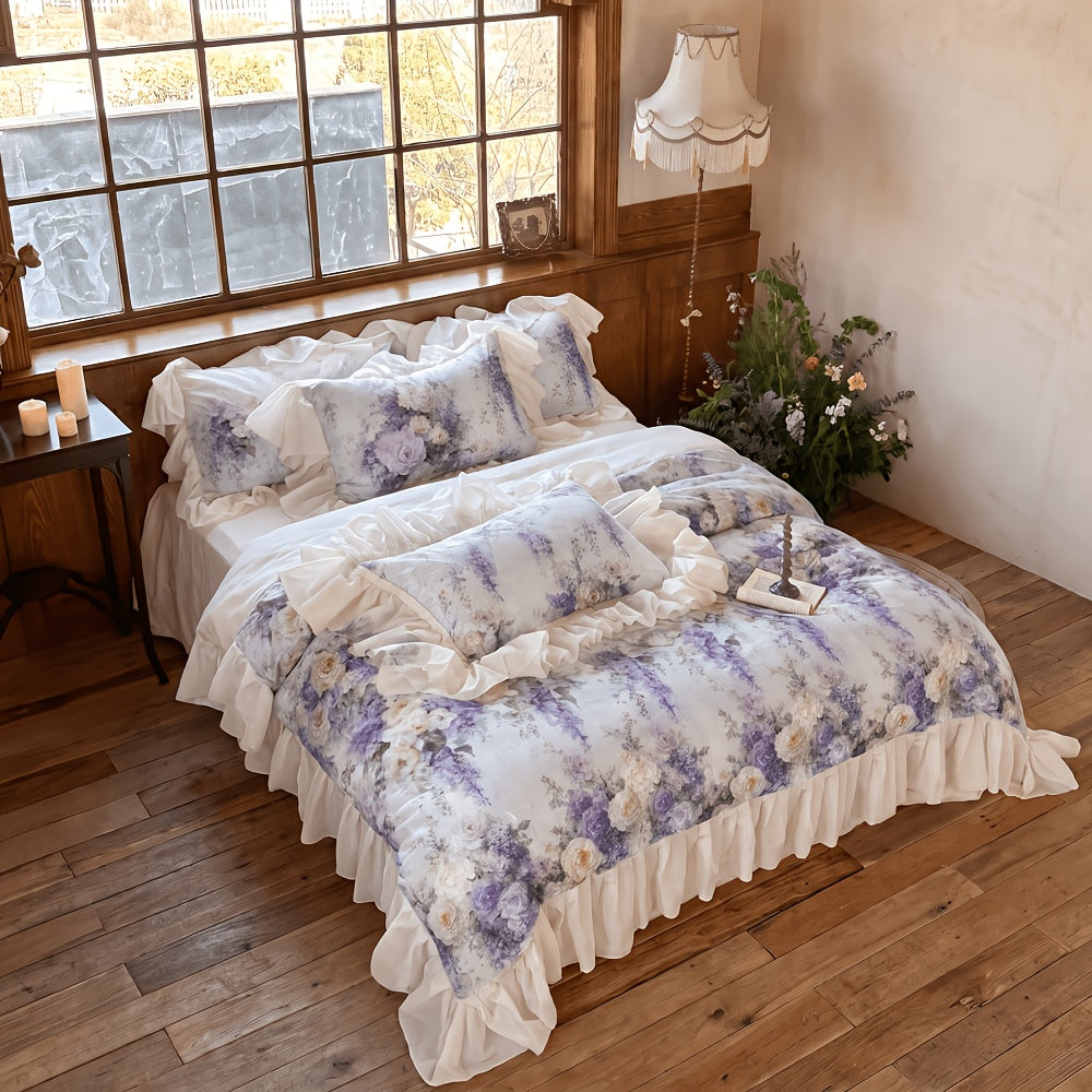 Lavanda cotton duvet cover set with lavender rose print and ruffled border