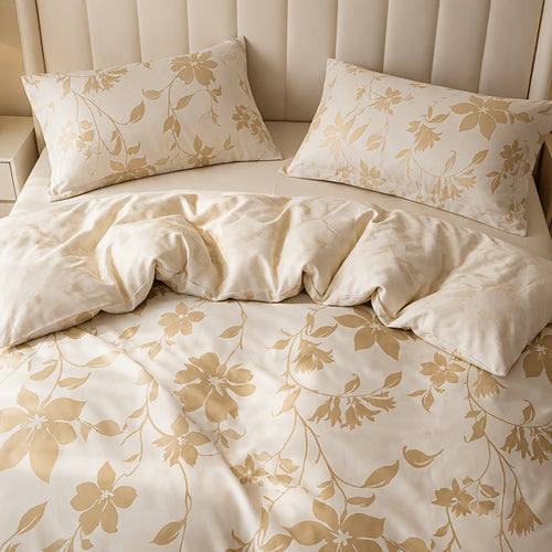 Aurelia champagne duvet cover set with golden floral jacquard