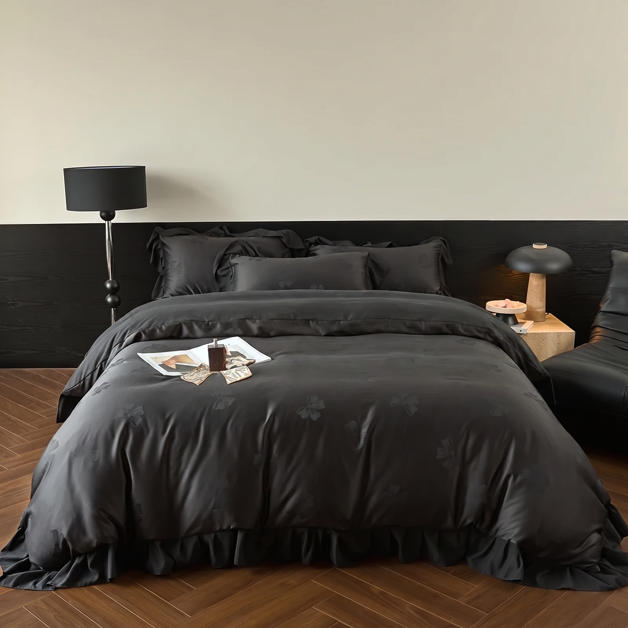 Parure de housse de couette Nerina Noire (Nœuds Jacquard)